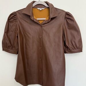 BB Dakota Brown Button Down Puff Sleeve Shirt faux leather